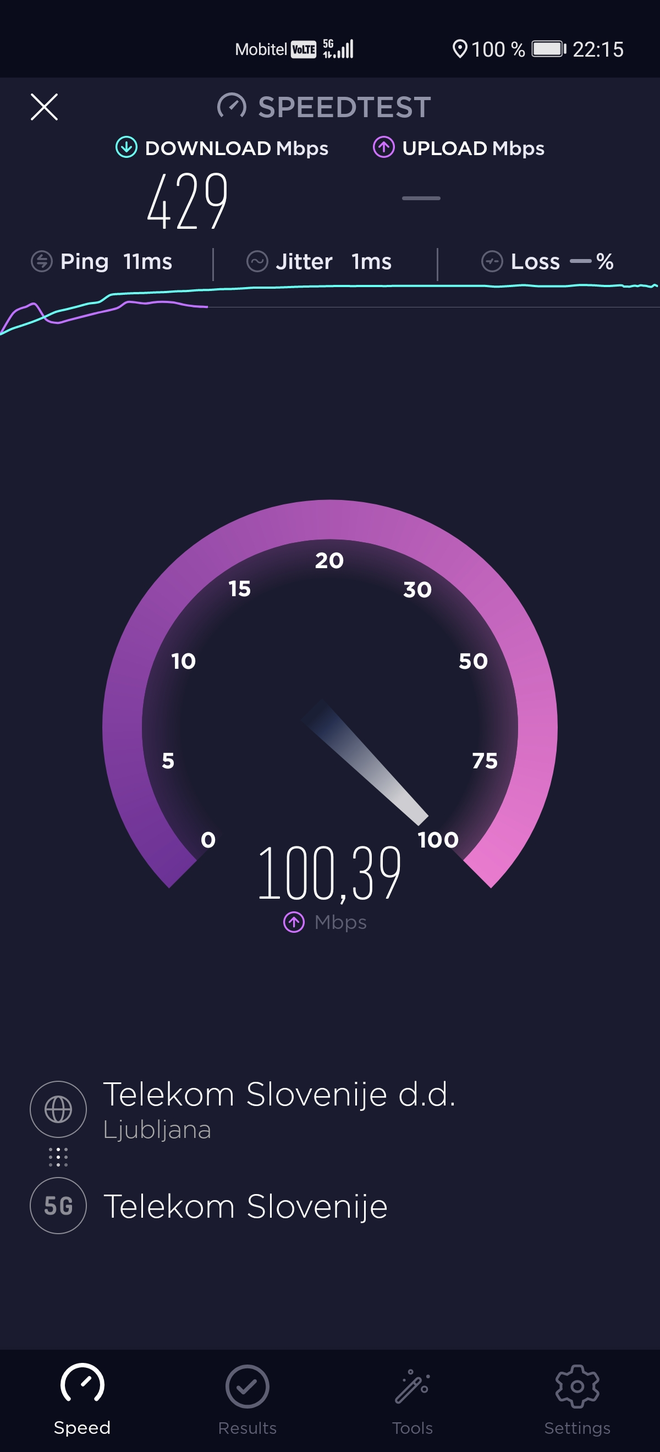 Test hitrosti v omrežju 5G Telekoma Slovenije. FOTO: Telekom Slovenija