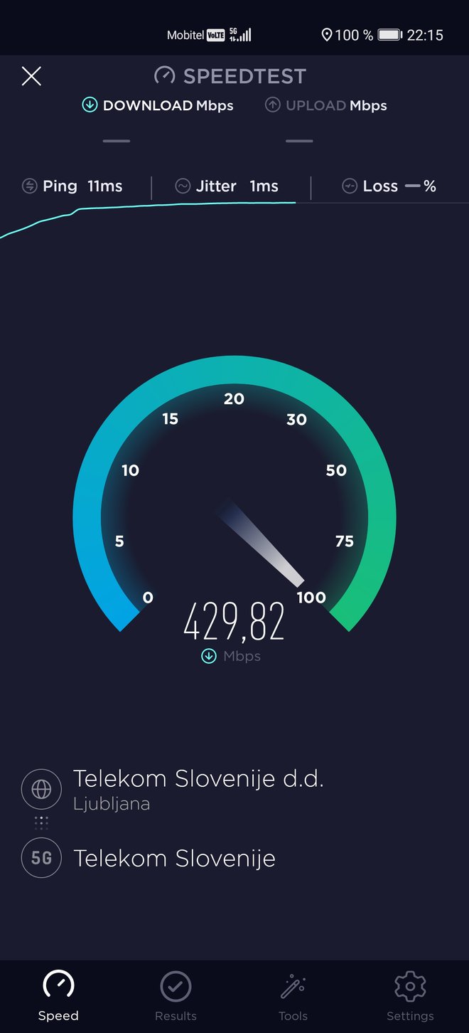 Test hitrosti v omrežju 5G Telekoma Slovenije. FOTO: Telekom Slovenija