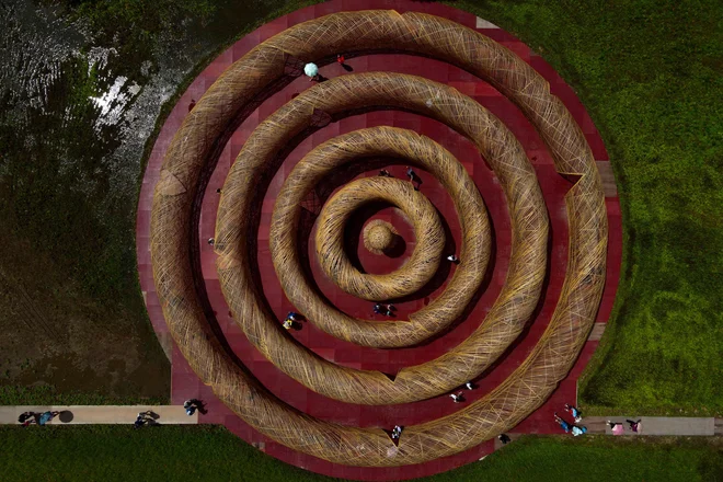 Pogled na labirint iz bambusa, ki ga je ustvaril umetnik Lee Kuei-chih v okviru festivala Art Land v tajvanski pokrajini Taoyuan. FOTO: Sam Yeh/AFP
