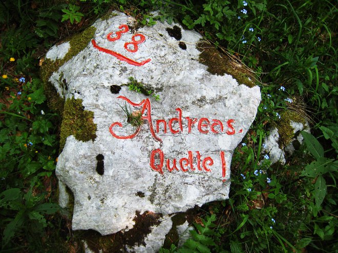 Andrejev studenec na Snežniški planoti: jasa je velika, na kamnu napis, izrisan z umetelno zavitimi starimi črkami. FOTO: Aleš Nosan