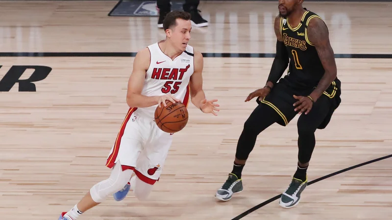 Fotografija: Miamijev branilec Duncan Robinson je z velikim spoštovanjem govoril o Goranu Dragiću, ki ga zelo pogreša v finalni seriji NBA, v kateri odlično opravljal svojo nalogo. FOTO: Sam Greenwood/AFP