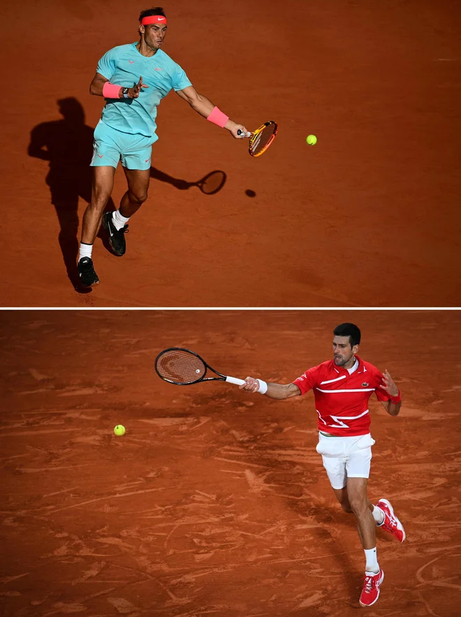 Rafael Nadal (zgoraj) se bo potegoval za 13. zmago na Roland Garrosu, Novak Đoković bi lahko postal prvi teniški igralec s po najmanj dvema zmagama na velikih slamih. FOTO: Martin Bureau in Anne-Christine Poujoulat/AFP