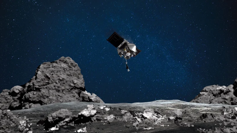 Fotografija: Upodobitev sonde Osiris-Rex, ki se je dotaknila asteroida Bennu. Vzorce bo sonda na Zemljo prinesla septembra 2023. FOTO: NASA/Goddard/Arizona State University/AFP