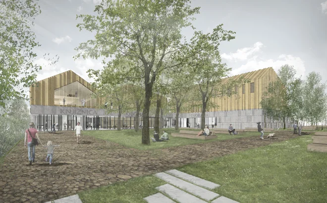 Tako bo videti sodobno zasnovan Kopitarjev center v Vodicah.<br />
Računalniška projekcija: občina Vodice