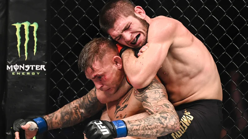 Fotografija: Habib Nurmagomedov (desno) je takole septembra lani prisilil k vdaji Američana Dustina Poirierja. FOTO: Per Haljestam/Usa Today Sports