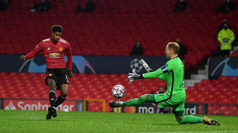 Fotografija: Marcus Rashford je bil med najvidnejšimi akterji zanesljive zmage Manchester Uniteda nad Leipzigom. FOTO: Anthony Devlin/AFP