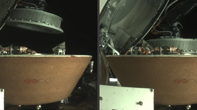 Fotografija: Fotografiji tik preden in potem, ko se je pobiralna glava z vzorcem namestila v kapsulo, ki bo čez nekaj mesecev odpotovala proti Zemlji. FOTO: NASA/Goddard/University of Arizona/Lockheed Martin/AFP