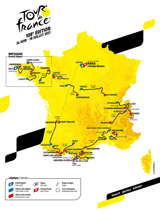 Tour de France 2021 se bo 26. junija začel v Brestu in se 18. julija končal v Parizu. FOTO: Reuters