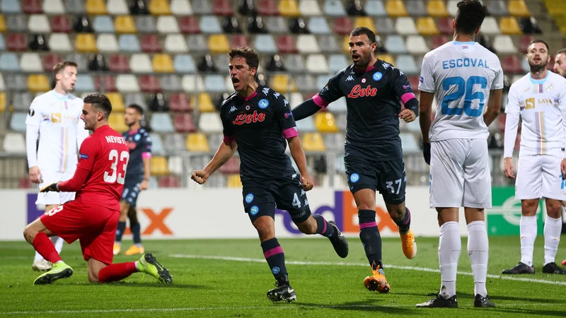 Fotografija: Diego Demme proslavlja gol za vodstvo z 1:0 proti Rijeki. FOTO: Antonio Bronic/Reuters