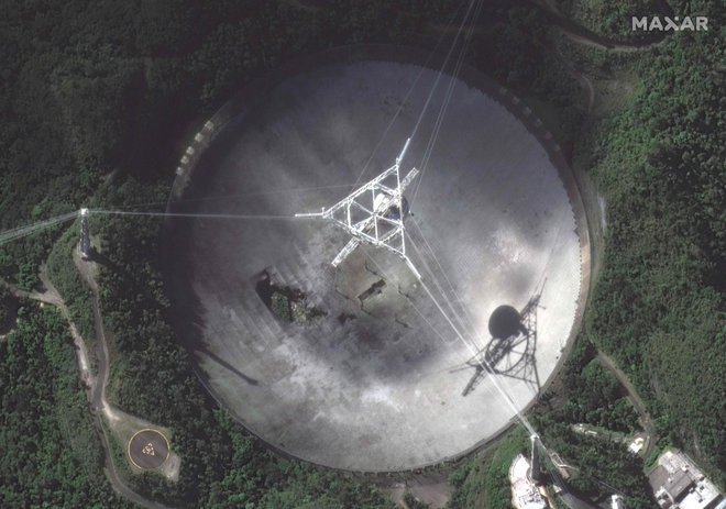 Satelitski posnetek poškodovanega teleskopa. FOTO: Satellite image 2020 Maxar Technologies/AFP