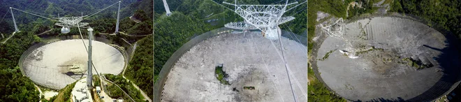 Kombinacija fotografij observatorija, ko je bil v polnem sijaju, po padcu prvega kabla avgusta letos in nazadnje po popolnem uničenju. <br />
FOTO: Ricardo Arduengo/AFP/NAIC: Arecibo Observatory, a facility of the NSF<br />
 
