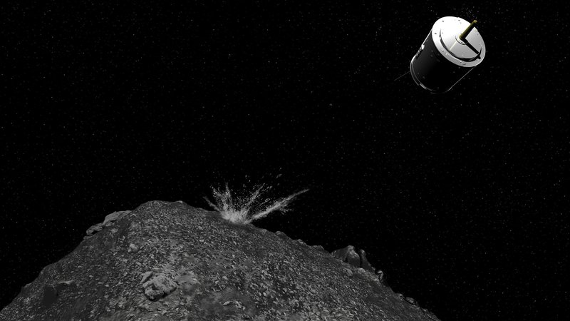 Fotografija: Hajabusa 2 je v eni od operacij nad asteroid spustila izstrelitveno kapsulo z 2,5 kilograma težkim bakrenim izstrelkom, aktiviral se je, ko je bila sonda na varni oddaljenosti. V asteroidu je naredil deset metrov širok krater, od koder je sonda kasneje zajela nekontaminiran prvinski material. FOTO: Jaxa