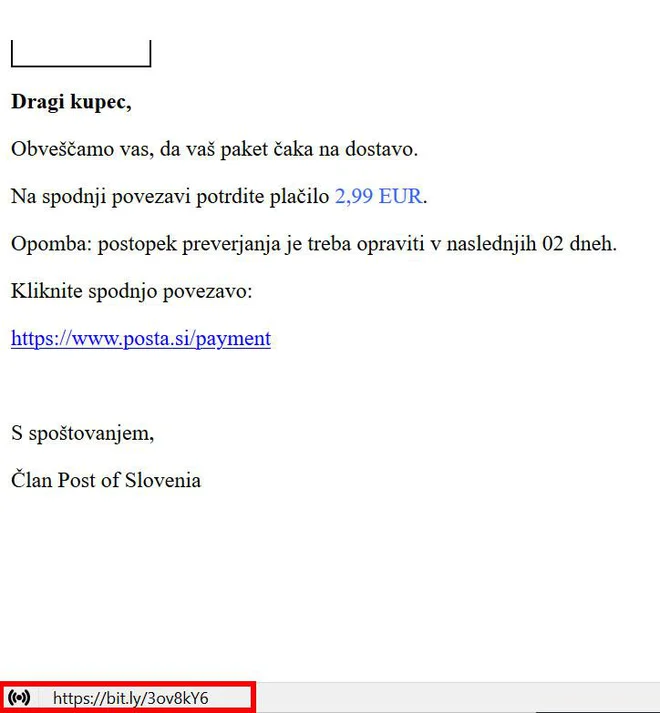 Lažno spletno sporočilo. FOTO: SI-CERT