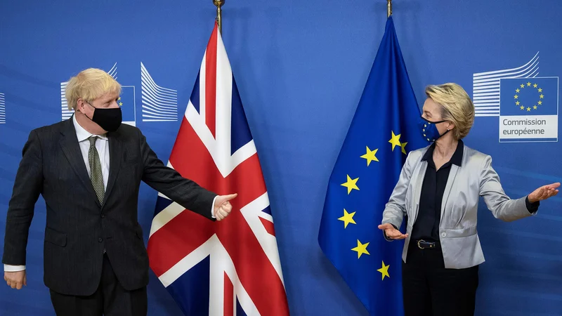 Fotografija: Ursula von der Leyen in Boris Johnson med srečanjem v Bruslju. FOTO: Aaron Chown/AFP