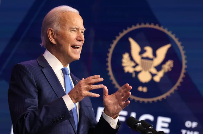 Demokrat Joe Biden med predstavitvijo svoje administracije v Wilmingtonu. Foto Chip Somodevilla/Afp