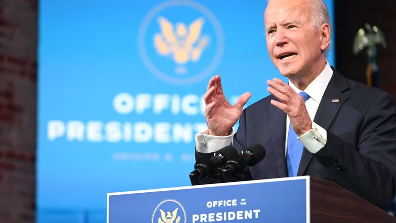 Fotografija: Joe Biden je elektorsko odločitev zase pozdravil iz domačega Wilmingtona v Delawaru. Foto Roberto Schmidt Afp