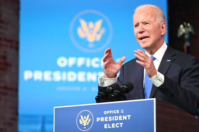 Joe Biden je elektorsko odločitev zase pozdravil iz domačega&nbsp;Wilmingtona v Delawaru. Foto Roberto Schmidt Afp