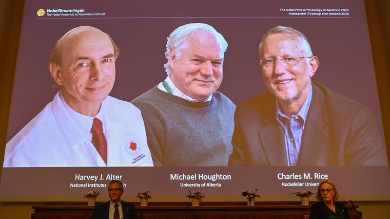 Fotografija: Harvey J. Alter, Michael Houghton in Charles M. Rice, letošnji dobitniki Nobelove nagrade za medicino, zaslužni za odkritje virusa hepatitisa C. FOTO: Jonathan Nackstrand/AFP