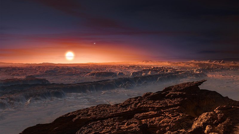 Fotografija: Umetniška upodobitev površja planeta Proksima b, ki kroži okoli rdeče pritlikavke Proksima Kentavra. FOTO: ESO/M. Kornmesser