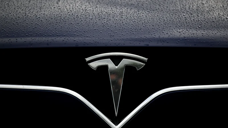 Fotografija: Logotip ameriškega proizvajalca električnih avtomobilov. Foto Justin Sullivan/Afp