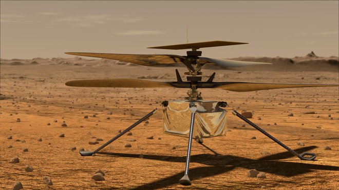 Letos bo nad drugim planetom prvič poletelo avtonomno raziskovalno plovilo. Nasin helikopterček Ingenuity bo z višine posnel površje Marsa. FOTO: Nasa