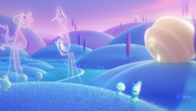 Joe zaide v mehko, geometrijsko, digitalno onstranstvo z zaobljenimi dušami in njihovimi varuhi v podobi bolj sofisticiranih kubističnih bratov <em>La Linee</em>. Foto Pixar Animation Studios