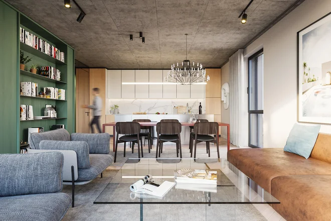 V največjih stanovanjih, tako imenovanih penthousih, so stropove pustili iz vidnega betona. Foto Računalniški prikaz Arhimetrics