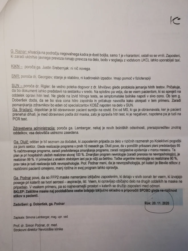 Zapisnik sestanka na nevrološki kliniki z dne 20.11.2020.