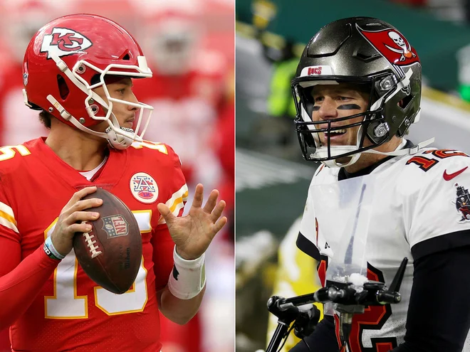 Velika tekmeca: Patrick Mahomes (Kansas City Chiefs) in Tom Brady (Tampa Bay Buccaneers). FOTO: Stacy Revere/AFP