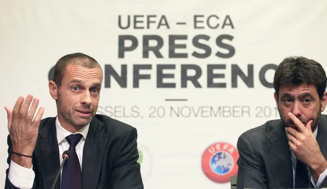 Prvi mož združenja klubov Eca Andrea Agnelli (desno) je zavrnil idejo o zaprti superligi podobno kot nedavno predsednik Uefe Aleksander Čeferin. FOTO: Francois Walschaerts/Reuters