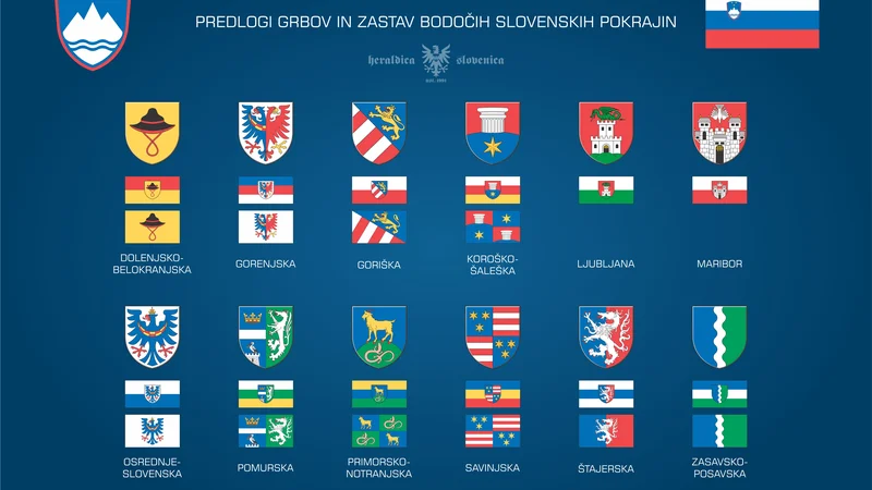 Fotografija: Grbi in zastave - klasične in t. i. heraldične - bodočih pokrajin. Foto: Aleksander Hribovšek/Heraldica Slovenica