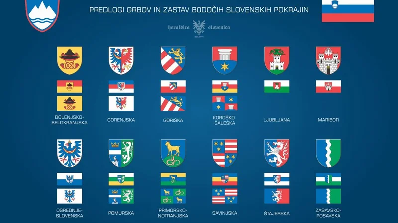 Fotografija: Predlogi grbov in zastav bodočih slovenskih pokrajin. Vir: Aleksander Hribovšek, Grboslovje.si