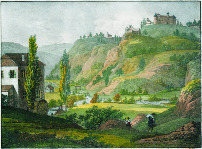Stari in Zgornji grad Turjak na litografiji Ludwiga Erminyja in Franza Wolfa, okrog 1830. Foto Stopar, Kunikerjeva Suita