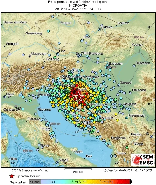 Prikaz potresov na območju Hrvaške v zadnjih dneh. FOTO: EMSC