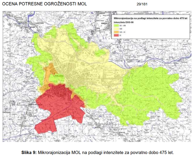 Zemljevid potresne ogroženosti Mestne občine Ljubljana.