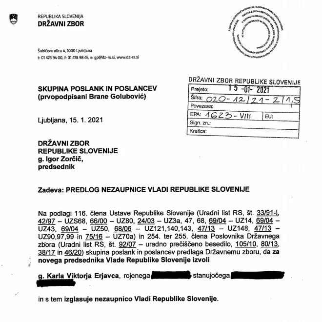 Prva stran predloga nezaupnice. FOTO: posnetek zaslona
