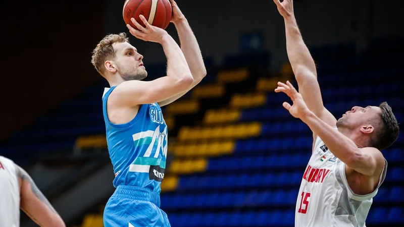 Fotografija: Jaka Blažič (levo) je natančno zadeval in se vztrajno trudil v obrambi. FOTO: FIBA