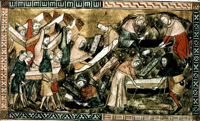 Ena najzgodnejših znanih upodobitev kuge, naslikana leta 1349, prikazuje prebivalce mesta Tournai (danes v Belgiji), kako nosijo krste sovaščanov, ki jih je pokosila črna smrt. FOTO: Photo 12 Net