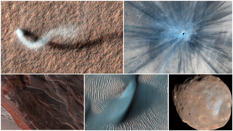 Fotografija: Kolaž posnetkov, ki jih je MRO naredil s kamero Hirise: prašni vrtinec, krater, plaz, peščene sipine in luna Fobos.  FOTO: NASA/JPL-Caltech/University of Arizona 