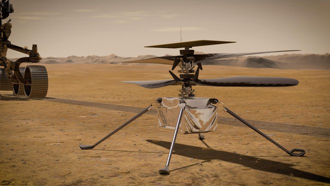 Umetniška upodobitev helikopterja Ingenuity. Predvidoma aprila bi lahko helikopter poletel in takrat bo Nasa zagotovo objavila tudi fotografije in posnetke dogajanja. FOTO: NASA/JPL-Caltech