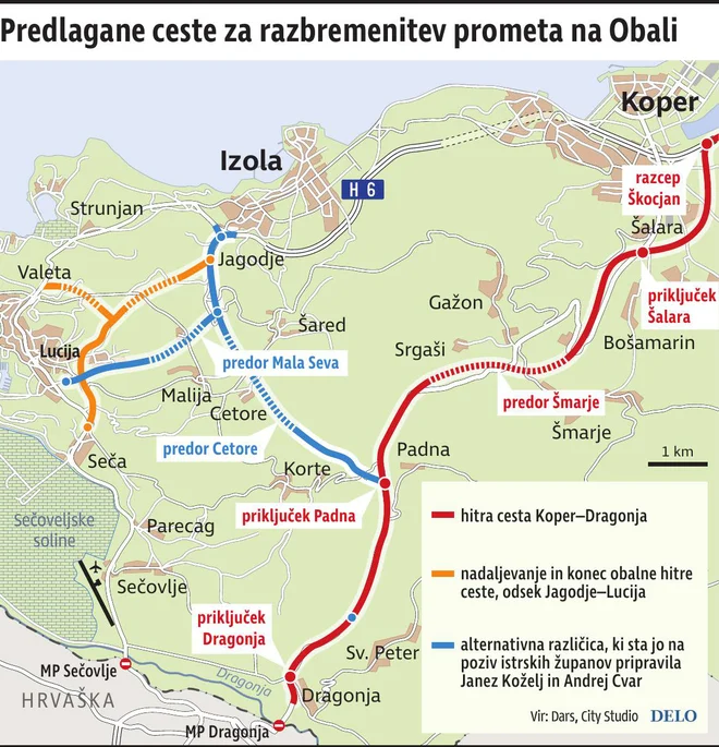 Predlagan potek tras: Koper-Dragonja, Jagodje-Lucija in različica slednje, ki sta si jo zamislila janez Koželj in Andrej Cvar. Infografika: Delo