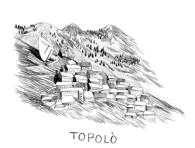 Risba vasi Topolove, objavljena v prvi številki revije <em>Robida</em>. FOTO: Chacoco