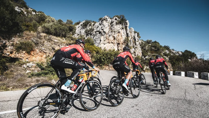 Fotografija: Nutricionisti točno izračunajo, na katerem kilometru etape mora kolesar pojesti sendvič, banano, prehranski nadomestek. FOTO: Team Bahrain Victorious press