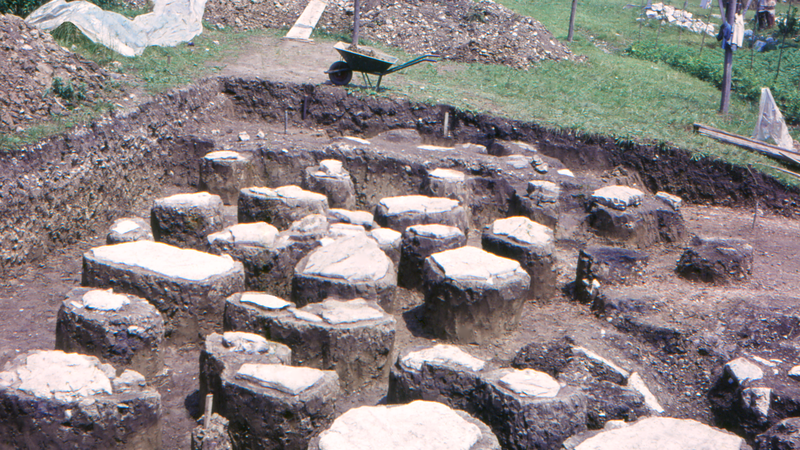 Fotografija: Pod gradom so pred tremi tisočletji, med 11. in 7. stoletjem pr. n. št., pokopavali v žganih grobovih, prekritih s kamnitimi ploščami. V 60. letih 20. stoletja so si Tolminci, ne vedoč, kaj se skriva pod njihovimi nogami, tod omislili košarkarsko igrišče. Po arheoloških izkopavanjih med letoma 1965 in 1970 je na tem mestu stanovanjska četrt na robu Tolmina. FOTO: Drago Svoljšak/©Goriški muzej