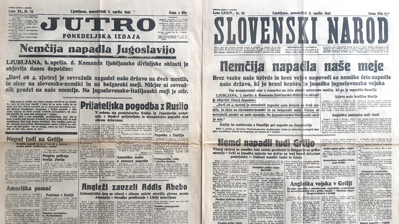 Fotografija: Časnika Jutro in Slovenski narod z datumom 7. april 1941 FOTO: Muzej Tiska