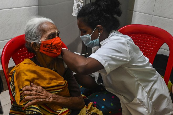 Cepljenje v Mumbaju. FOTO: Indranil Mukherjee/AFP