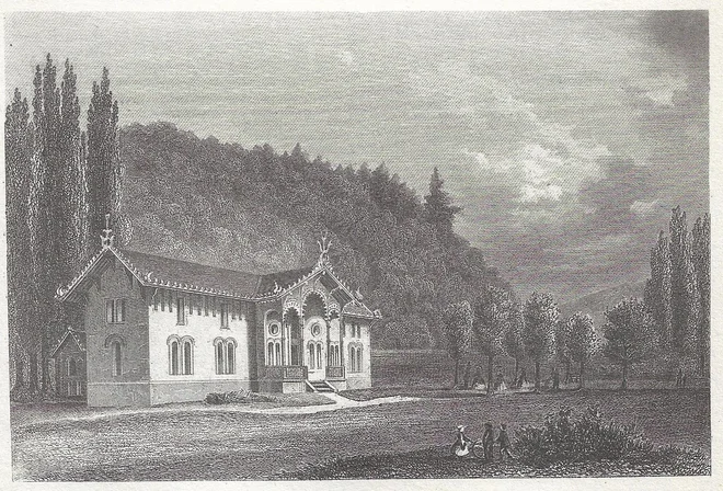 Rogaška Slatina, od leta 1860, tonska litografija, delno obarvana ročno; nekdanje higiensko kopališče, avtor J. Reiterer. FOTO: katalog Muzeja grafične umetnosti XVI.–XIX. stoletje