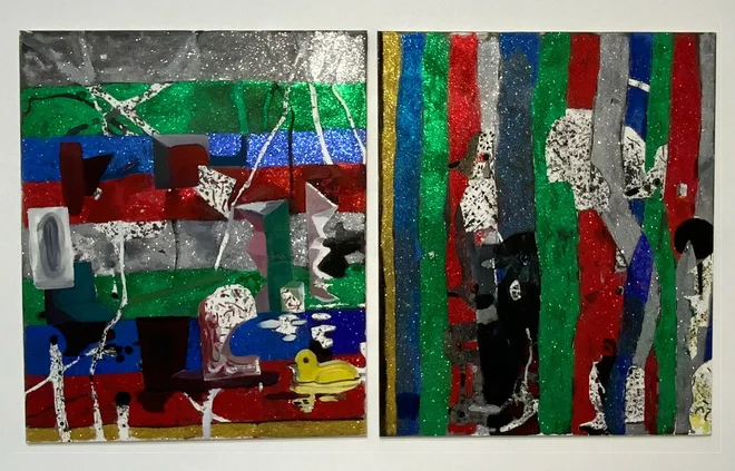 Mitja Ficko: <em>Krožna pot</em>, 2019, akril, bleščice, olje na platnu (levo), in <em>Skrivalnice</em>, 2019, akril, olje, bleščice na platnu.