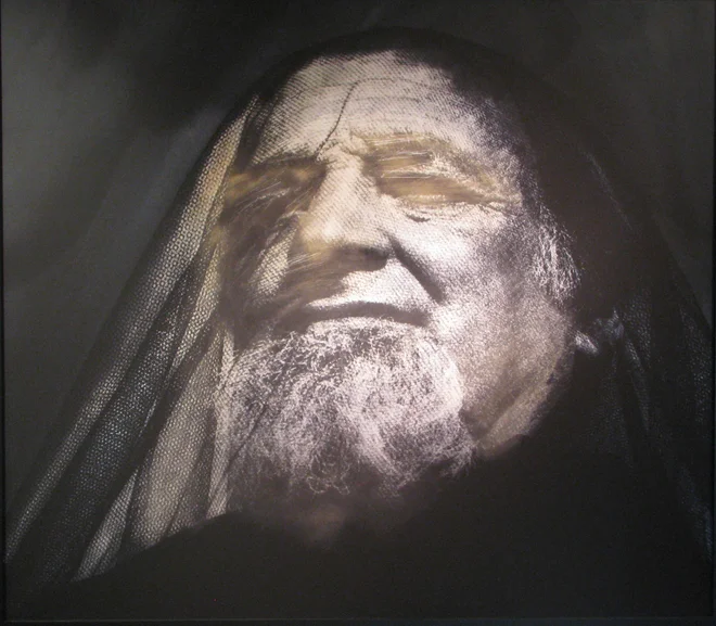 Herman Pivk, Mojster Tisnikar, 2007, mešana tehnika in pigmentni odtis na platno, 1/1, zbirka KGLU, &copy; Herman Pivk