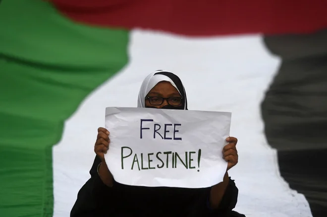 V Karačiju ženska sodeluje v protestnem shodu proti izraelskim napadom na Palestino. V več mestih po svetu so v nedeljo potekali protesti v podporo Palestincem, v Montrealu pa so se zbrali tudi podporniki Izraela. Prišlo je do spopadov med proizraelskimi in propalestinskimi protestniki, ki jih je montrealska policija prekinila tudi z uporabo solzivca. FOTO: Asif Hassan/Afp